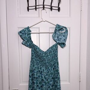Floral Blue pant dress with Ruffled Sleeves